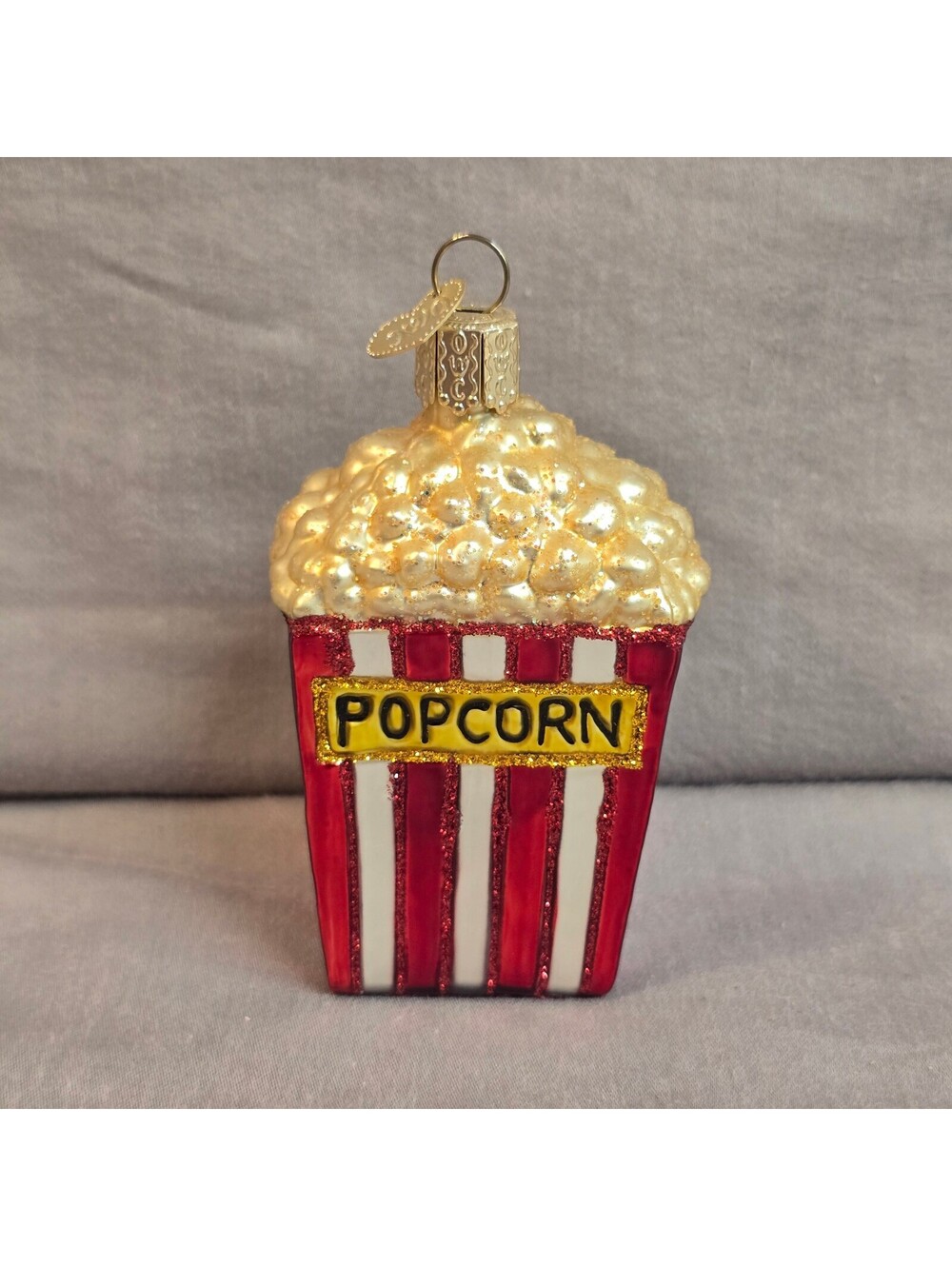 Old World Christmas Glass Popcorn Bucket Ornament 3.5" w/ Heart Charm